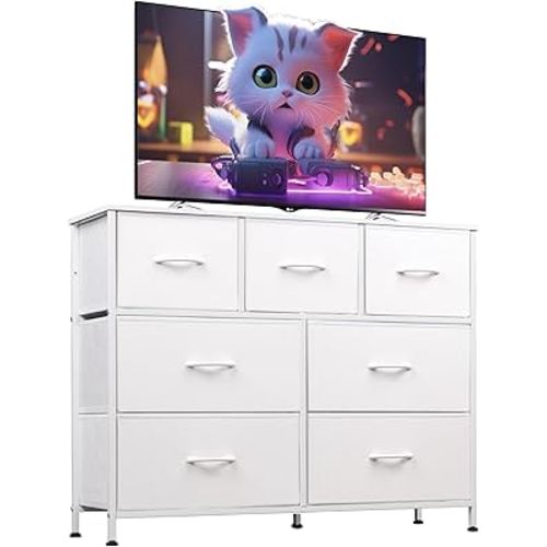 WLIVE 7 Drawer Dresser TV Stand, Dressers for Bedroom, Fabric Storage Tower, Hallway, Entryway, Closets, Sturdy Steel Frame, Wood Top, Easy Pull Handle, White