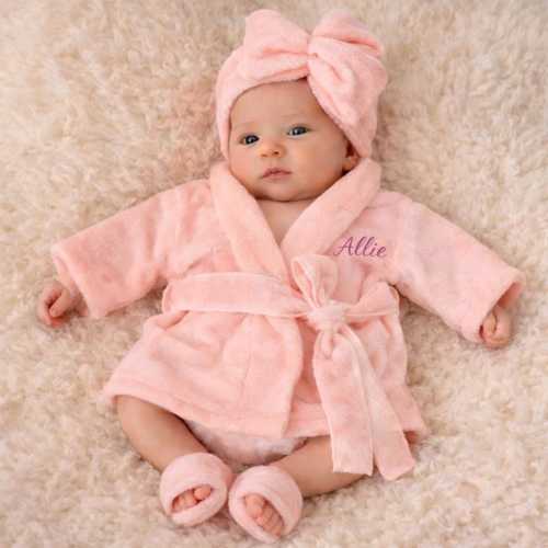 Personalized Infant Robe Set, Embroidered Baby Bathrobe, Slippers & Headwrap