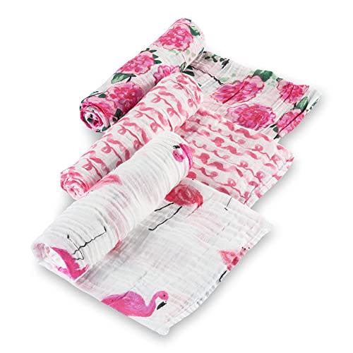 LollyBanks Muslin Swaddle Blankets, 100% Cotton Baby Swaddle Blanket for Girls, Soft and Large 47 x 47 Inches Newborn Swaddle, Breathable Baby Receiving Blankets, Registry (Flamingo and Flower 3 Pack)