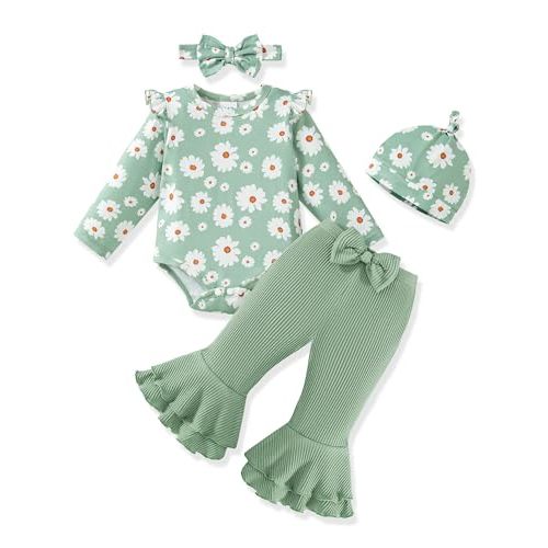 Vibebox Baby Girl Clothes Fall Winter Coming Home Outfits Preemie-12 Months | Newborn Girls Long Sleeve Ruffle Romper Bell Bottom Pants, Infant Clothing Sets Headband Hat, Snap Closures for Easy Changes
