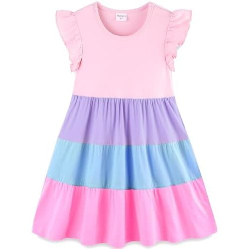 Bumeex Girl's Dresses Cotton Ruffle Sleeve Tiered Swing A-Line Cute Midi Casual Sundress