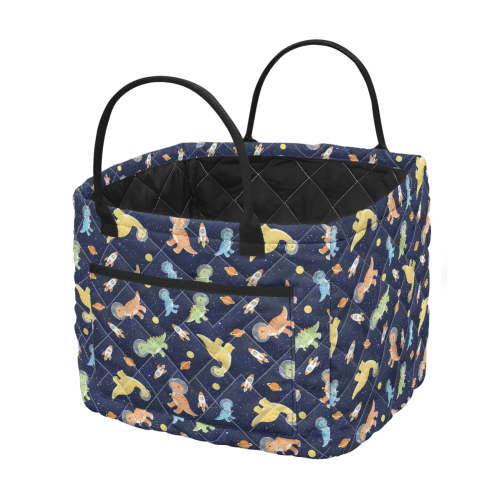 HELLHERO Astronaut Dinosaur Print Collapsible Quilted Laundry Basket for Books, Polyester Collapsible Soft Decorative Organizer for Nursery Bedroom