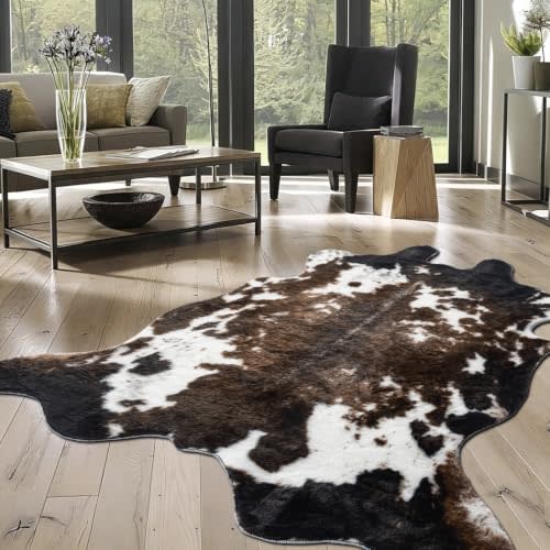 Faux Cowhide Rug, Cow Print Rug for Bedroom 4.6x5.2 Feet Black and Brown | 0.6" High-Pile Faux Cow Hide Rug for Living Room, Non Slip TPR Backing, Machine Washable, and Soft for Cozy Living Room