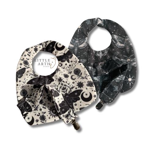 Gothic Baby Bibs with Moths Celestial Print | Optional Dummy Clip