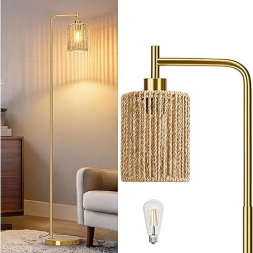 Oneach 66" Gold Floor Lamp for Living Room, Boho Floor Lamp with LED Bulb, Foot Switch, Rattan Shade, Industrial Tall Farmhouse Standing Lamp for Bedroom, Dining Room, Study Room, Office