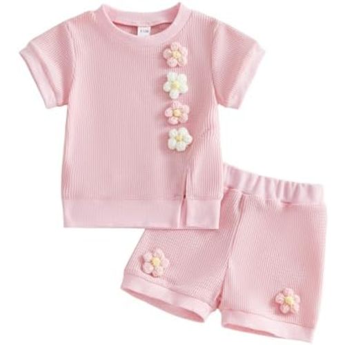 VISGOGO Toddler Baby Girl Clothes Summer Outfits 3D Flower Waffle Short Sleeve T-Shirt Tops and Shorts Set