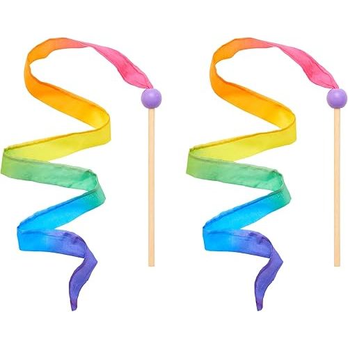 Sarah's Silks Mini Rainbow Streamer - Long Ribbon Wand for Kids, Pretend Play, Dance, Baton Stick Twirling, and Gymnastics Party Favors | 100% Silk and Wood Montessori and Waldorf Toys (2)