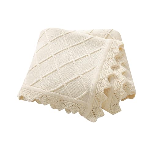 Hadetoto 100% Organic Cotton Baby Blanket for Boys Girls, 31.5x40 Inches | Cable Knit Receiving, Soft Breathable, Swaddling Wrap, Unisex Newborn, Ivory