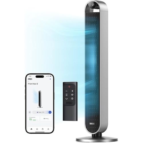 Dreo Tower Fan for Bedroom, 42 Inch 120° Oscillating Fan, 25dB Quiet DC Motor, 28ft/s Velocity Bladeless Standing Fan with 12 Speeds, 4 Modes, 12H Timer Cooling Fans for Home, Living Room, Pilot Max S