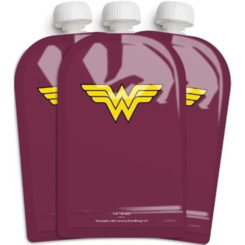 Herobility DC Comic Food Pouch 180 ml / 6 Fl Oz - Squeeze Pouches for Baby, Reusable, Sustainable, Leak-Proof Design, Double Zip-Lock, BPA-Free - Pack of 3