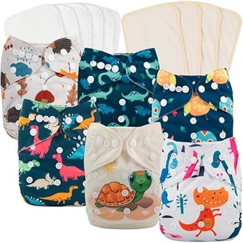 babygoal Reusable Cloth Diapers 6 Pack+10pcs Inserts, One Size Adjustable Washable Pocket Nappy Covers for Baby Boys and Girls