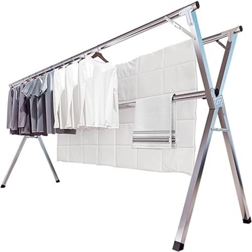 JAUREE 95 Inches Clothes Drying Rack, Drying Rack Clothing Folding Indoor Outdoor, Heavy Duty Stainless Steel Laundry Rack, Foldable Portable Large Clothes Rack Garment Rack with 20 Windproof Hooks
