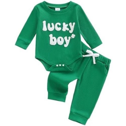 Newborn Infant Baby Boy St Patricks Day Outfit Lucky Boy Embroidery Waffle Knit Long Sleeve Romper Top Pants Set