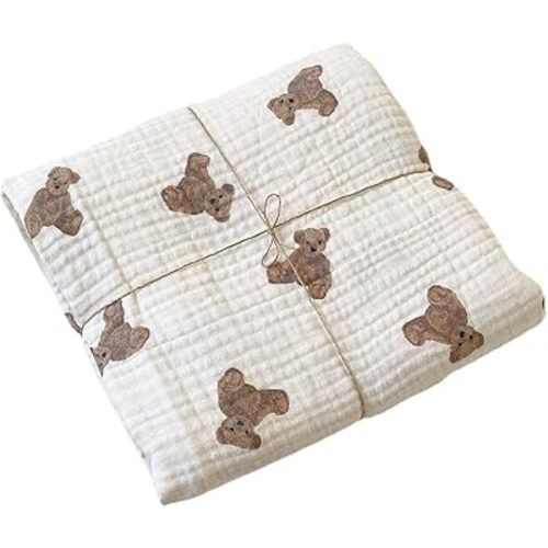 Baby Swaddle Blanket Cotton Yarn Throw Blanket, Toddler Bear Print Muslin Breathable Gauze Blanket, All Season Soft and Lightweight Receiving Blanket for Baby Boy Girl
