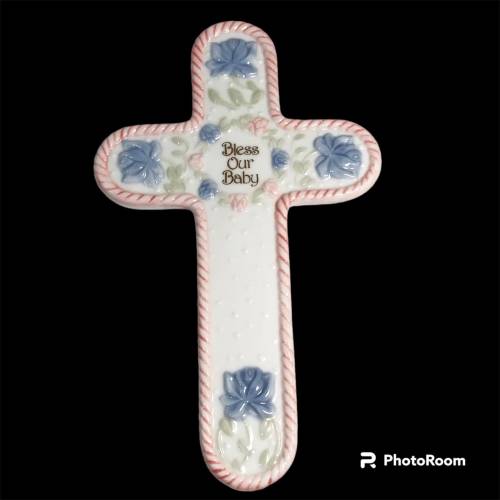 Vintage Lefton Ceramic Cross Bless Our Baby Boy Girl Shower Gift Pink Blue