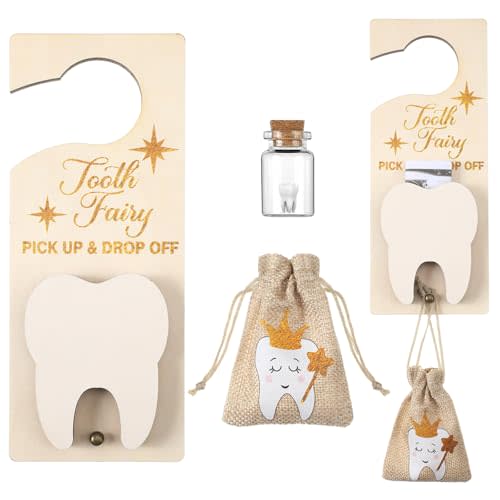 DoubleFill Tooth Fairy Gift Holder Bag Door Hanger National Children's Dental Health Month Dentist's Day Gift Tooth Fairy Kit Keepsake Teeth Box for Lost Teeth Boy Girl(Classic,Light Brown)