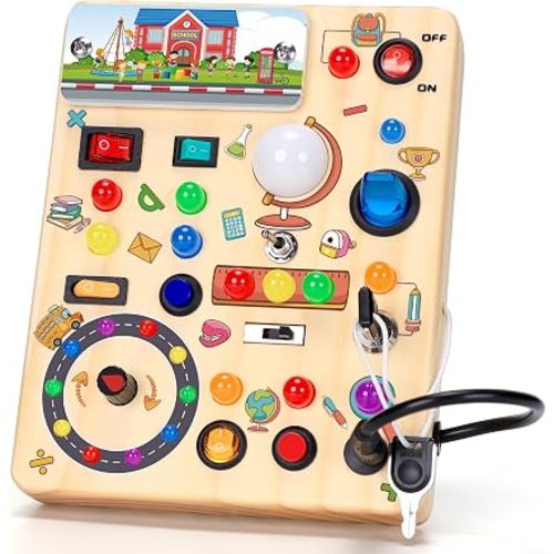 Busy Board with LED Light Switches, Montessori Toys for 1 2 3 Years Old, Toddlers Wooden Toy Sensory Activity Board, Travel Toys for 1+ Year Old Boy & Girl Birthday Gift
