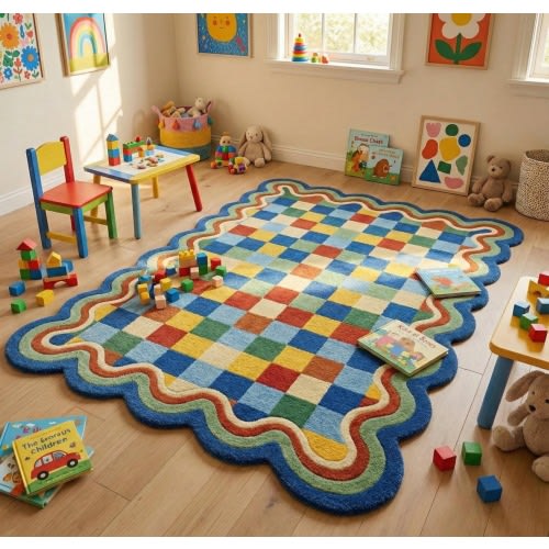 Hand Tufted Checkered Rug with Wavy Edge Colorful Scalloped Wool Area Rug Funky Nursery & Playroom Decor Custom Handmade Floor Art