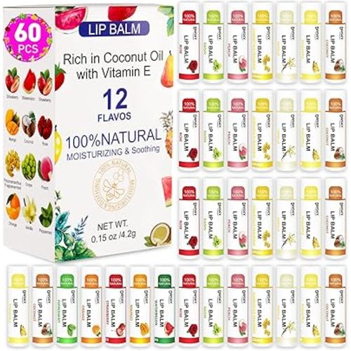 DMSKY 60 Pack Lip Balm, Natural Lip Balm Bulk with Vitamin E and Coconut Oil, Moisturizing Lip Care for Dry Chapped Lips, Party Favors-12 Flavors