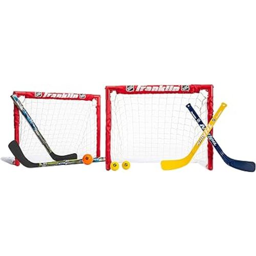 Franklin Sports - NHL Kids Folding Hockey Goals Set - (2) Street Hockey & Knee Hockey Goals - (2) Adjustable Youth Hockey Sticks, (2) Knee Hockey Sticks, (2) Mini Hockey Balls + (1) Street Hockey Ball