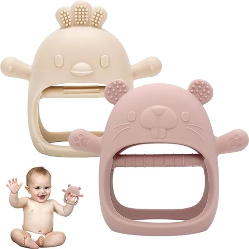 2 Pack Teething Toys for Babies, Baby Teething Toys Teething Relief Mitten, Silicone Teether for Baby, Toddler Infant Hand Essentials Chew Toys for Sucking Needs (White/Pink)