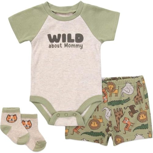 Baby Essentials Baby Boy 3 Piece Short Set – Safari Animal Print “Wild About Mommy” Clothing Outfit Set with Bodysuit, Shorts & Socks – Baby Gift Set (3 months)