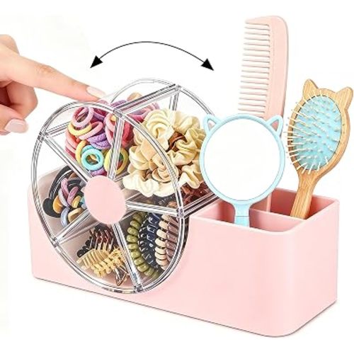 Hair Accessories Organizer for Girls, 2-Slot Hair Brush Holder & 5-Section Rotating Wheel, Cute Makeup Brush Holder for Hair Tile, Clip, Makeup Brush, Earring, Ring, Kids Vanity Accessories (Pink)