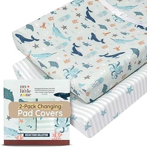 Baby Changing Pad Covers Girl 32"x16", 8" Deep Pocket - Diaper Changing Pad Cover Nautical, 100% Cotton Ocean Whale Diaper Change Table Sheet for Girl & Boy, 2 Pack, Designed in France, Teal-White