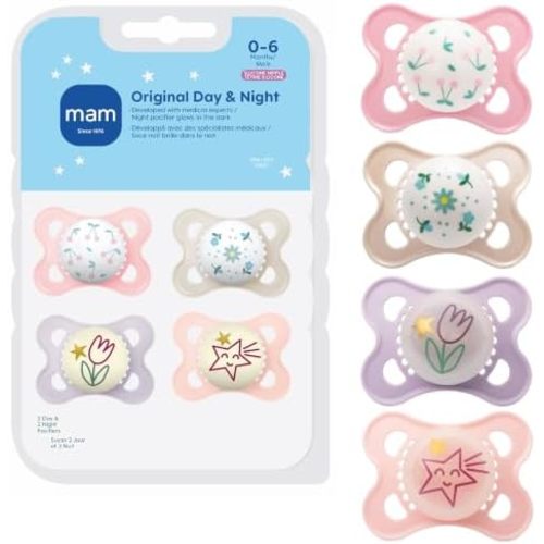 MAM Original Baby Pacifiers 0-6 Months, Glows in The Dark, 4 Pack