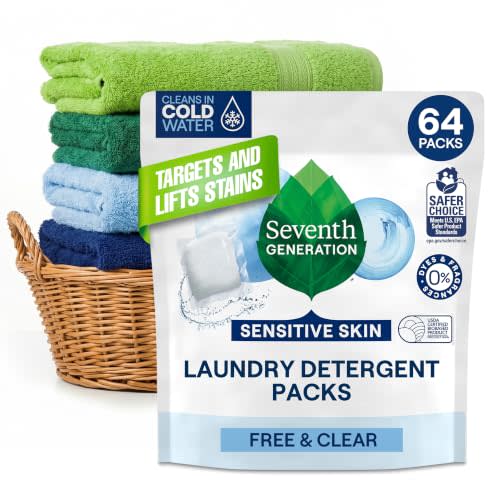 Seventh Generation Laundry Detergent Packs, Free & Clear, Made for Sensitive Skin, EPA Safer Choice Certified, 64 Count