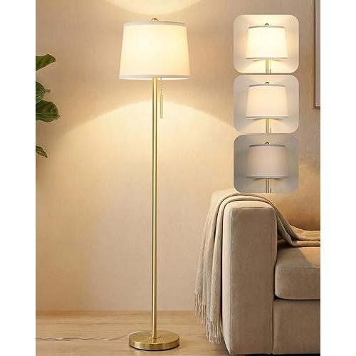 Gold Floor Lamps for Living Room, 63in Modern Standing Lamp 3 Way Brightness Dimmable with White Linen Shade Metal Base Tall Pole Light for Bedroom Reading Office Corner Nursery 8W LED Bulb Included