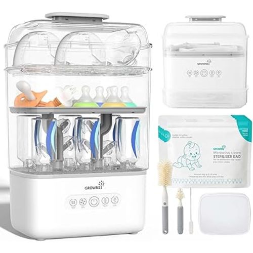 Grownsy 3 Layers-Large Bottle Sterilizer and Dryer, Holds 6 to10 Bottles, Nesting Design Bottle Sanitizer Esterilizador de Biberones for Breast Pump Sterilizer Bags Bottle Brush Included