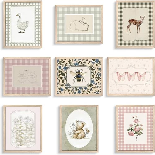 wanyun Vintage Nursery Animal Wall Art Set of 9, Cute Forest Animal Canvas Prints Poster, Rustic Cottage Farm Nursery Wall Decor Painting for Baby Kids Room Playroom, 8x10 Inch Unframed