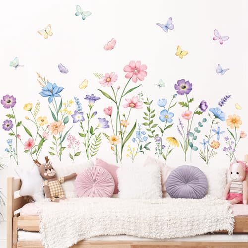 Flower Wall Decals Watercolor Wildflower Grass Butterflies Wall Stickers Peel and Stick Wall Art Decor for Girls Bedroom Living Room Home Office Wall Decor