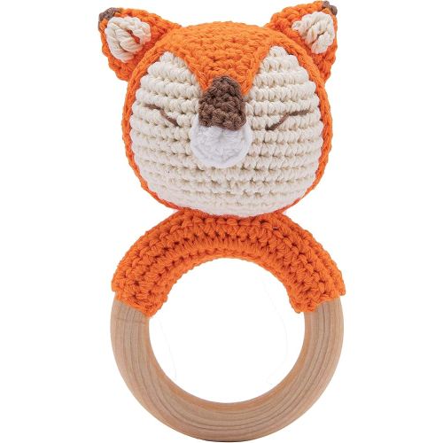 Wooden Baby Rattle Crochet Fox Baby Toys Handmade Newborn Toy Early Development Grips Stuffed Animal Organic Rattle