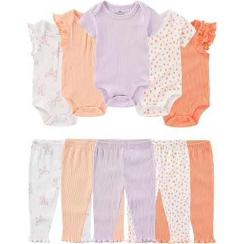 ZAVBABY Baby Bodysuit and Pant Set Cotton Ribbed Mix Infant Girl Clothes | Unisex newborn summer outfits 10-pcs,neutral and sweet style mixed bundle gift clothing set