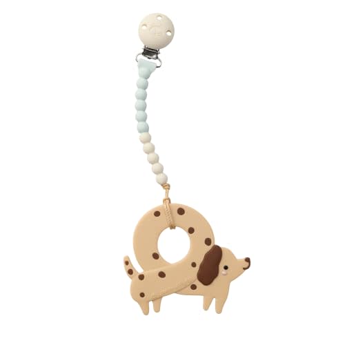 Loulou Lollipop Silicone Teether Set with Pacifier Clip, Pretzel Dog | Textured food-grade silicone for sore gums; clip keeps it off the floor; freezer & dishwasher safe; for 4 months and up