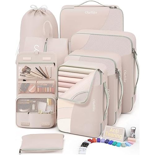 10 Set/8 Set Packing Cubes for Travel, Gifts for Women Mom,Anti-Tearing Suitcase Organizer for Luggage with Shoe & Hanging Toiletry Bag,OlarHike Vacation Essentials & Accessories for Cruise Ship,Cream