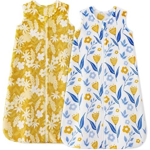 Unnivoll Fleece Baby Sleep Sack 6-12 Months 2.0 Tog Baby Wearable Blanket with 2-Way Zipper Warm Sleeping Sack for Infant Newborn - Medium Yellow & White Flower