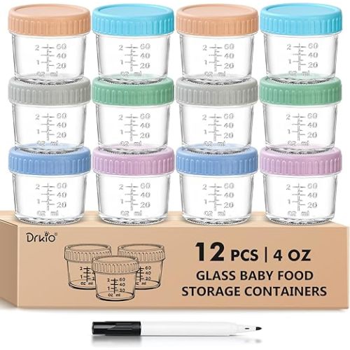 DRKIO 12 Pack Glass Baby Food Storage Containers - 8 Oz Baby Food Jars with Lids Baby Food Maker Microwave Dishwasher Freezer Safe 100% Leak Proof BPA Free Reusable