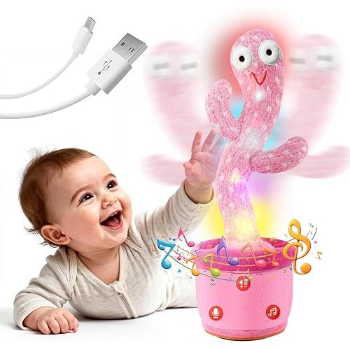 Rechargeable Dancing Talking Cactus Toy for Baby Toddlers, Singing Cactus Toy with Adjustable Volume, Mimicking, Recording & Singing, Soft Plush Baby Sensory Toys for Girls Boys