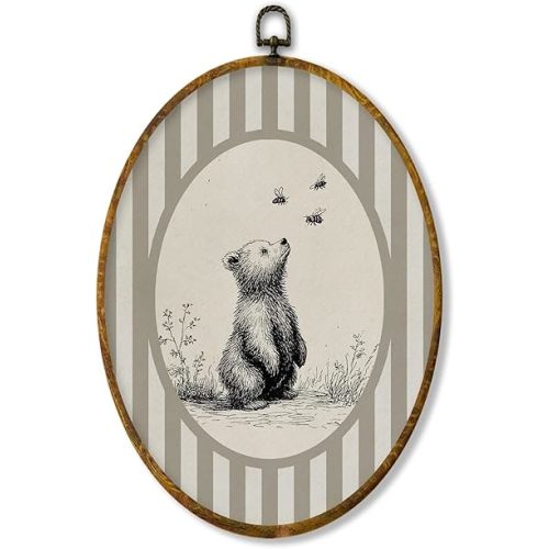 XPH Vintage Bear Nursery Oval Wall Art Framed, Kids Oval Wall Decor Accents, Neutral Striped Cottagecore Sketch Bear Hanging Canvas Prints for Home Kids Boy Nursery Room Playroom Decoration, 8.6x11.4 Inch
