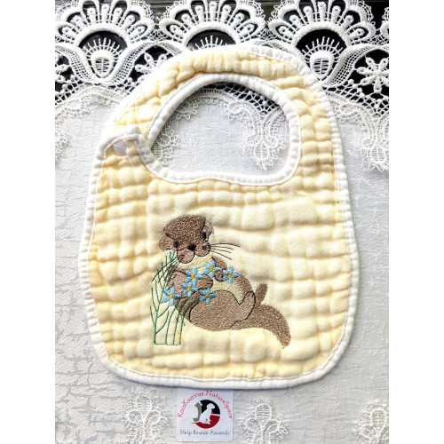 Embroidered Baby Otter with Flowers on Pastel Yellow Cotton Newborn Baby Bib - Please Promote Animal Rescue!