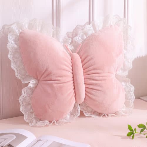PEACH CAT Butterfly Pillow with Lace Trim Decorative Butterfly Shaped Throw Pillows 16" x 16" Soft Plush Cushion Decor for Bedroom Living Room Sofa Couch Pink