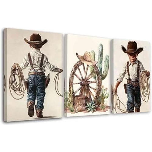 YMXDYMJSW Western Cowboy Wall Art Nursery Wall Decor Set of 3 Cactus Desert Poster Cowboy Kid Picture Vintage Southwest Paintings for Baby Boys Bedroom Decor (White, (11" x 14" x 3PCS))