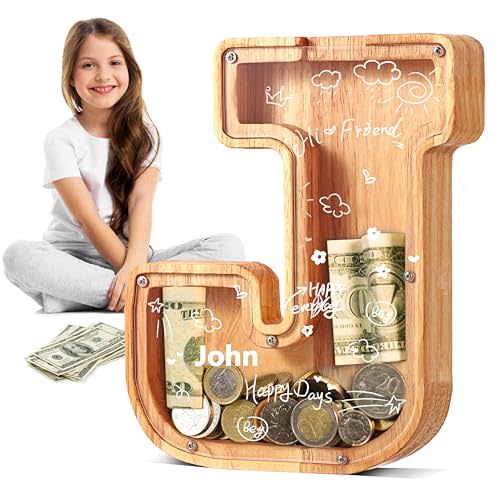 UBeesize Wooden Letter Piggy Bank for Boys Girls,26 Personalized Alphabet Money Bank,Coin Bank Birthday Gift for Kids,Children's Gift (J)