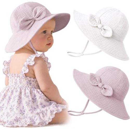 Konssy 2-Pack Muslin Baby Sun Hats for Girls with Bows, UPF 50+ White Pink