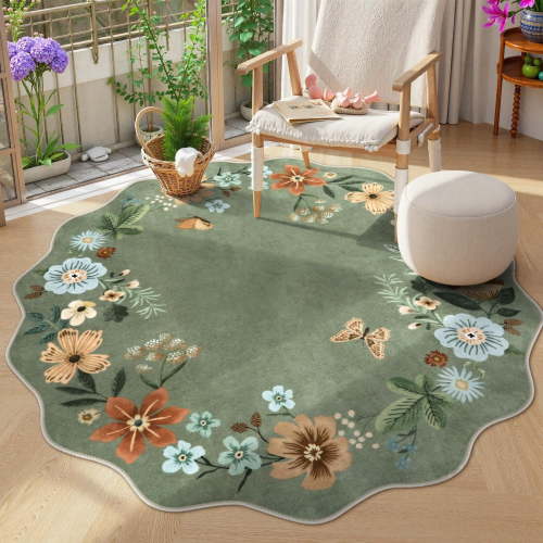 Moynesa 4' Floral Round Area Rug, Washable Rugs for Bedroom Ultra-Thin Soft Rug, Non-Slip Small Boho Circle Carpet for Entryway Nursery Bathroom,Green