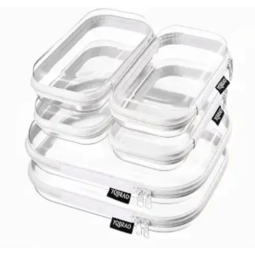 YQBRAO 6 Pack Clear Hard Shell Beauty Organizer (2M+4S), 1.2mm Crush-Proof Cosmetic Case, Reinforced YKK Zippers, Stadium Approved Security Bag for Skincare, Toiletries & Electronics, Multi-Size Set