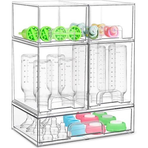 Baby Bottle Organizer for Countertop with Dust Protection, 5Pack Stackable Baby Organizers and Storage for Bottles, Clear Acrylic Container with Drawer for Kitchen, Cabinet, Vanity, Bathroom, Pantry